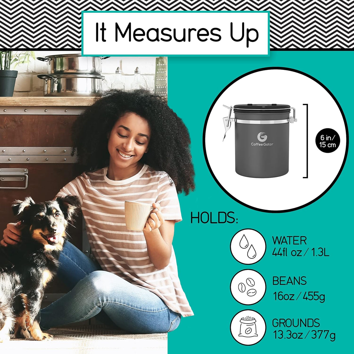 Stainless Steel Canister - Medium 16oz, Gray Coffee Grounds and Beans Container with Date-Tracker, CO2-Release Valve, and Measuring Scoop - Ideal Coffee Lovers Gifts
