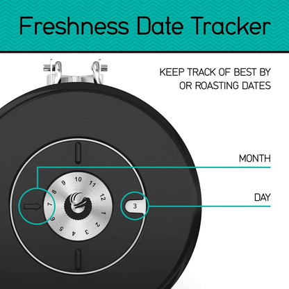Stainless Steel Canister - Medium 16oz, Gray Coffee Grounds and Beans Container with Date-Tracker, CO2-Release Valve, and Measuring Scoop - Ideal Coffee Lovers Gifts