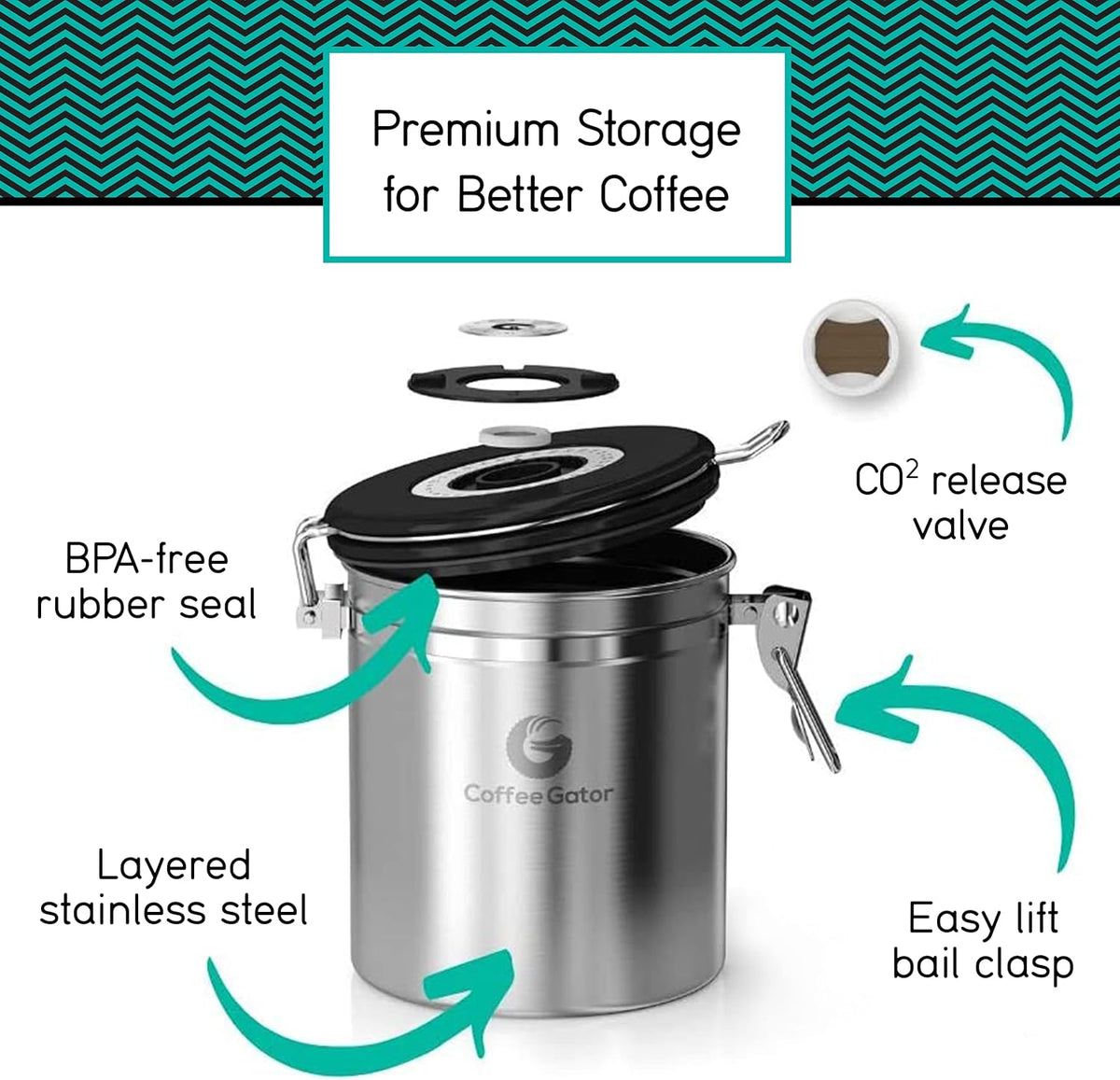Stainless Steel Canister - Medium 16oz, Gray Coffee Grounds and Beans Container with Date-Tracker, CO2-Release Valve, and Measuring Scoop - Ideal Coffee Lovers Gifts