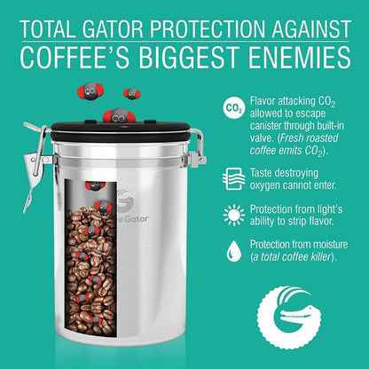 Stainless Steel Canister - Medium 16oz, Gray Coffee Grounds and Beans Container with Date-Tracker, CO2-Release Valve, and Measuring Scoop - Ideal Coffee Lovers Gifts