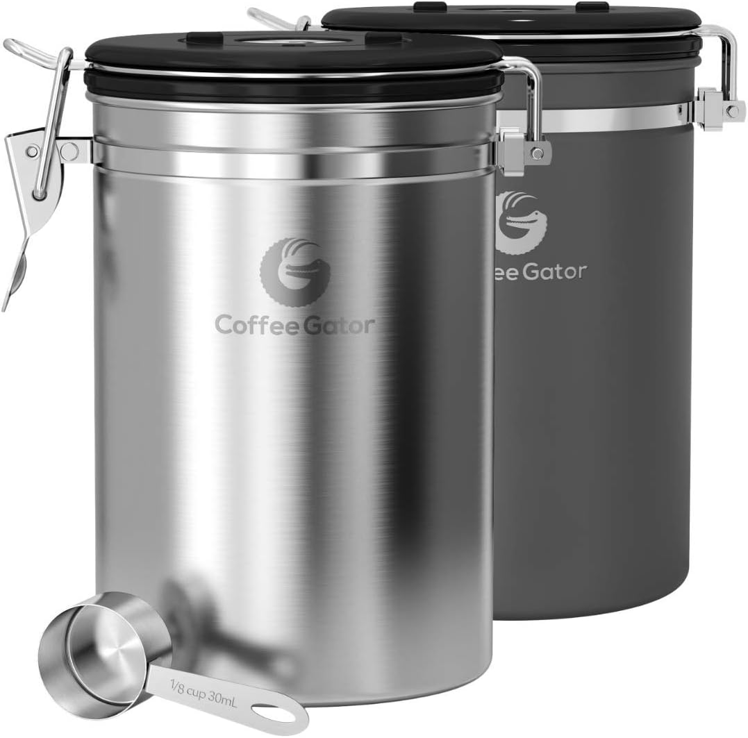 Stainless Steel Canister - Medium 16oz, Gray Coffee Grounds and Beans Container with Date-Tracker, CO2-Release Valve, and Measuring Scoop - Ideal Coffee Lovers Gifts