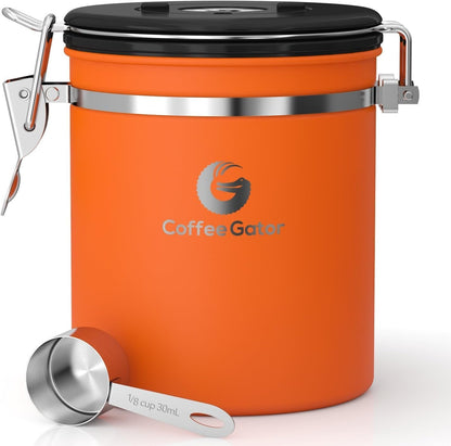 Stainless Steel Canister - Medium 16oz, Gray Coffee Grounds and Beans Container with Date-Tracker, CO2-Release Valve, and Measuring Scoop - Ideal Coffee Lovers Gifts