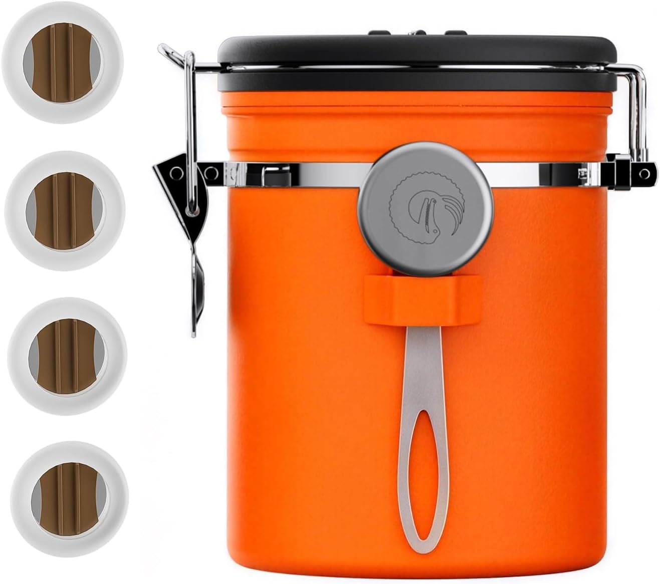 Stainless Steel Canister - Medium 16oz, Gray Coffee Grounds and Beans Container with Date-Tracker, CO2-Release Valve, and Measuring Scoop - Ideal Coffee Lovers Gifts