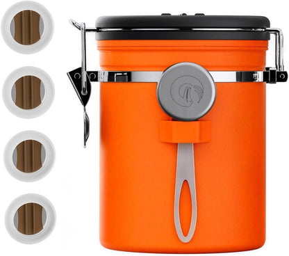 Stainless Steel Canister - Medium 16oz, Gray Coffee Grounds and Beans Container with Date-Tracker, CO2-Release Valve, and Measuring Scoop - Ideal Coffee Lovers Gifts