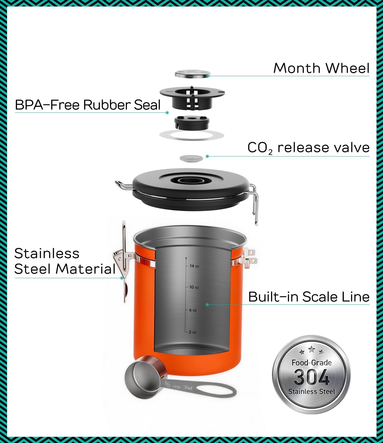 Stainless Steel Canister - Medium 16oz, Gray Coffee Grounds and Beans Container with Date-Tracker, CO2-Release Valve, and Measuring Scoop - Ideal Coffee Lovers Gifts