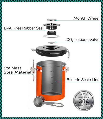 Stainless Steel Canister - Medium 16oz, Gray Coffee Grounds and Beans Container with Date-Tracker, CO2-Release Valve, and Measuring Scoop - Ideal Coffee Lovers Gifts