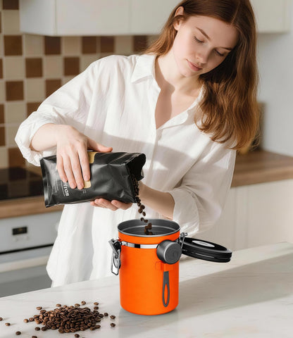 Stainless Steel Canister - Medium 16oz, Gray Coffee Grounds and Beans Container with Date-Tracker, CO2-Release Valve, and Measuring Scoop - Ideal Coffee Lovers Gifts