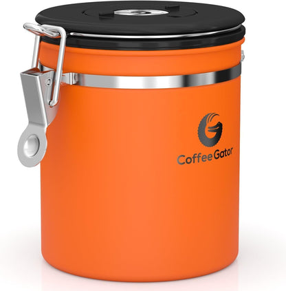 Stainless Steel Canister - Medium 16oz, Gray Coffee Grounds and Beans Container with Date-Tracker, CO2-Release Valve, and Measuring Scoop - Ideal Coffee Lovers Gifts