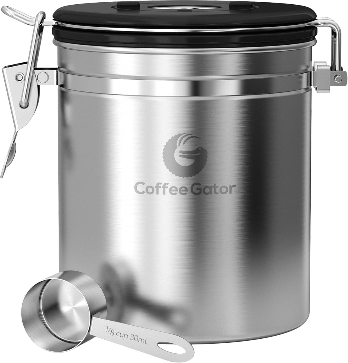 Stainless Steel Canister - Medium 16oz, Gray Coffee Grounds and Beans Container with Date-Tracker, CO2-Release Valve, and Measuring Scoop - Ideal Coffee Lovers Gifts