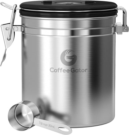 Stainless Steel Canister - Medium 16oz, Gray Coffee Grounds and Beans Container with Date-Tracker, CO2-Release Valve, and Measuring Scoop - Ideal Coffee Lovers Gifts