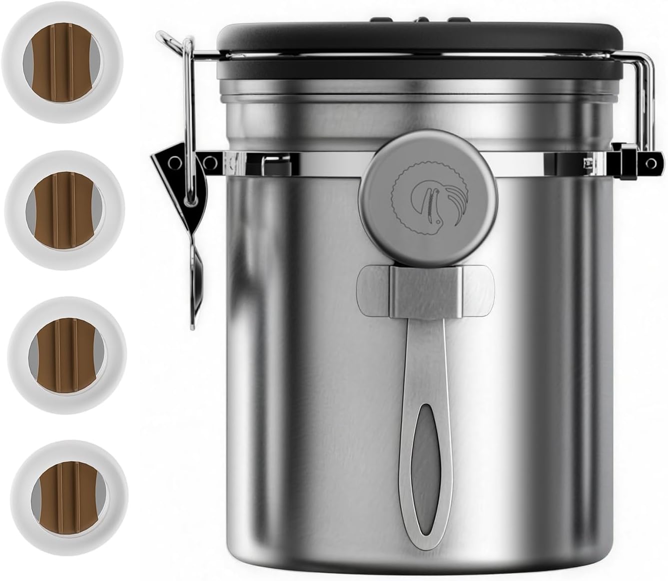 Stainless Steel Canister - Medium 16oz, Gray Coffee Grounds and Beans Container with Date-Tracker, CO2-Release Valve, and Measuring Scoop - Ideal Coffee Lovers Gifts