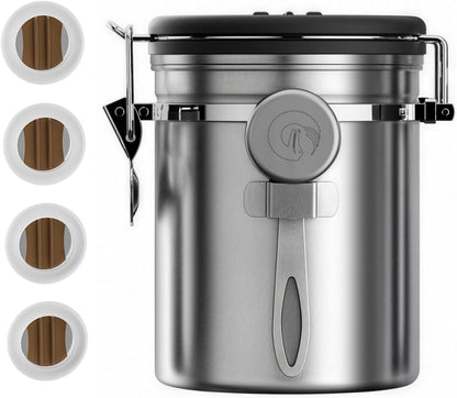 Stainless Steel Canister - Medium 16oz, Gray Coffee Grounds and Beans Container with Date-Tracker, CO2-Release Valve, and Measuring Scoop - Ideal Coffee Lovers Gifts