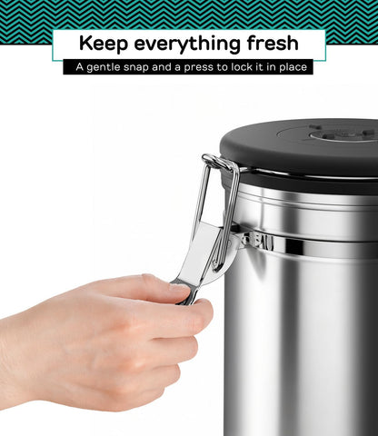 Stainless Steel Canister - Medium 16oz, Gray Coffee Grounds and Beans Container with Date-Tracker, CO2-Release Valve, and Measuring Scoop - Ideal Coffee Lovers Gifts