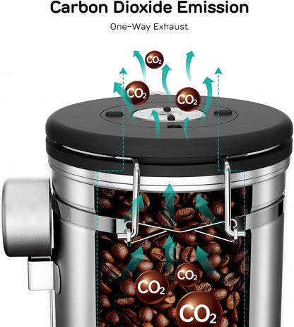 Stainless Steel Canister - Medium 16oz, Gray Coffee Grounds and Beans Container with Date-Tracker, CO2-Release Valve, and Measuring Scoop - Ideal Coffee Lovers Gifts
