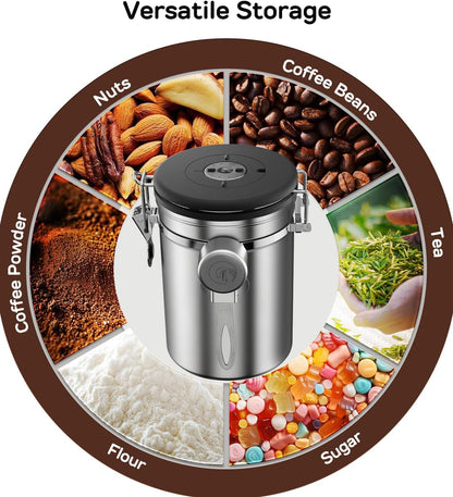 Stainless Steel Canister - Medium 16oz, Gray Coffee Grounds and Beans Container with Date-Tracker, CO2-Release Valve, and Measuring Scoop - Ideal Coffee Lovers Gifts