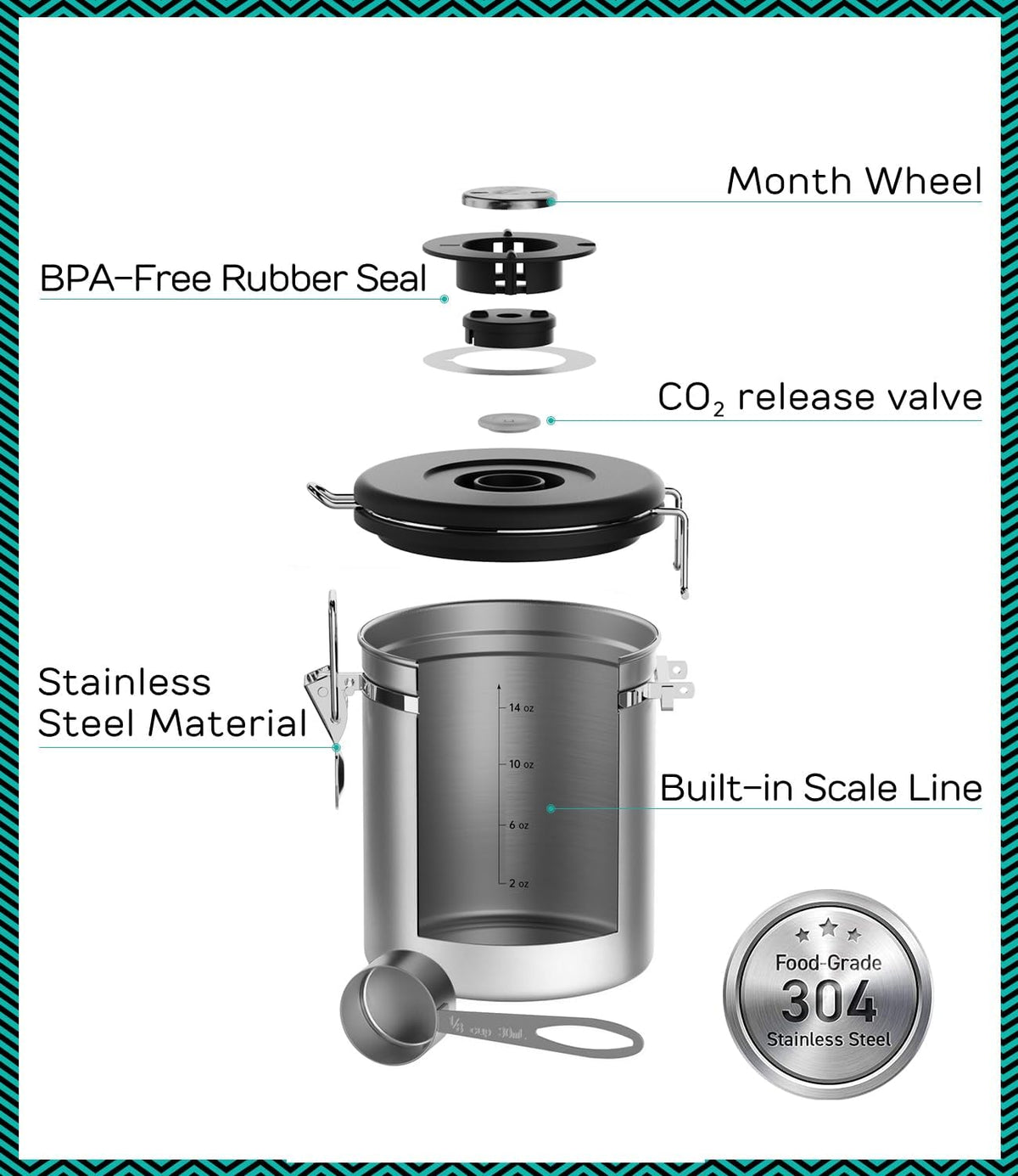 Stainless Steel Canister - Medium 16oz, Gray Coffee Grounds and Beans Container with Date-Tracker, CO2-Release Valve, and Measuring Scoop - Ideal Coffee Lovers Gifts