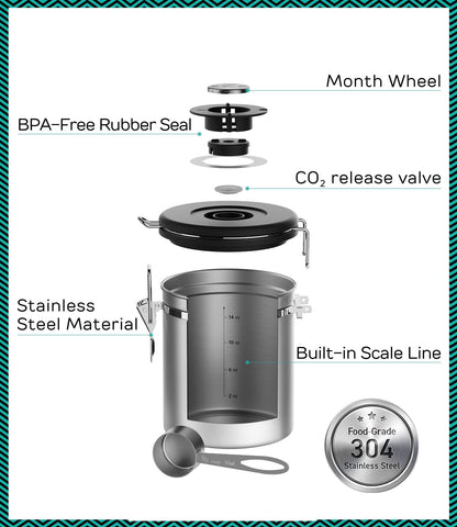 Stainless Steel Canister - Medium 16oz, Gray Coffee Grounds and Beans Container with Date-Tracker, CO2-Release Valve, and Measuring Scoop - Ideal Coffee Lovers Gifts