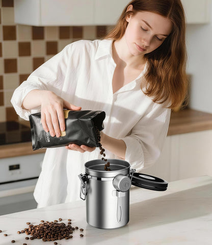Stainless Steel Canister - Medium 16oz, Gray Coffee Grounds and Beans Container with Date-Tracker, CO2-Release Valve, and Measuring Scoop - Ideal Coffee Lovers Gifts