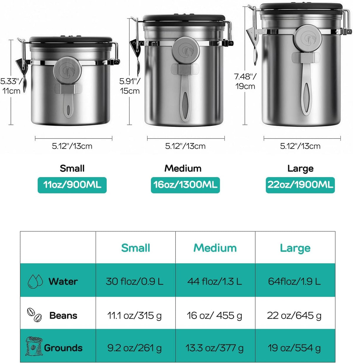 Stainless Steel Canister - Medium 16oz, Gray Coffee Grounds and Beans Container with Date-Tracker, CO2-Release Valve, and Measuring Scoop - Ideal Coffee Lovers Gifts