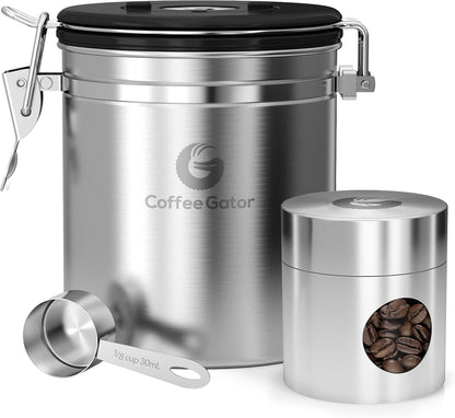 Stainless Steel Canister - Medium 16oz, Gray Coffee Grounds and Beans Container with Date-Tracker, CO2-Release Valve, and Measuring Scoop - Ideal Coffee Lovers Gifts