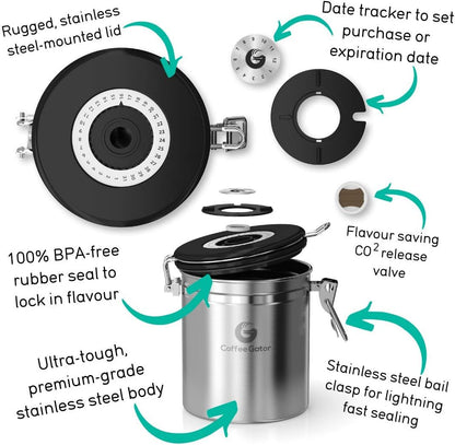 Stainless Steel Canister - Medium 16oz, Gray Coffee Grounds and Beans Container with Date-Tracker, CO2-Release Valve, and Measuring Scoop - Ideal Coffee Lovers Gifts