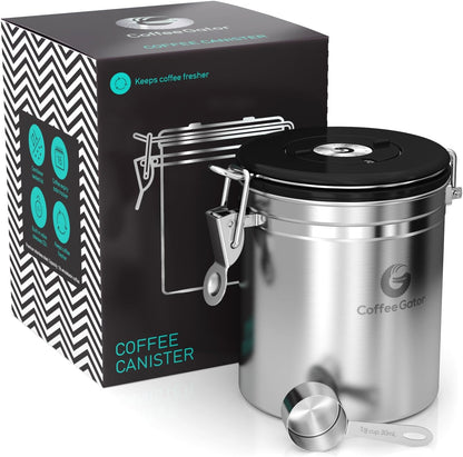 Stainless Steel Canister - Medium 16oz, Gray Coffee Grounds and Beans Container with Date-Tracker, CO2-Release Valve, and Measuring Scoop - Ideal Coffee Lovers Gifts