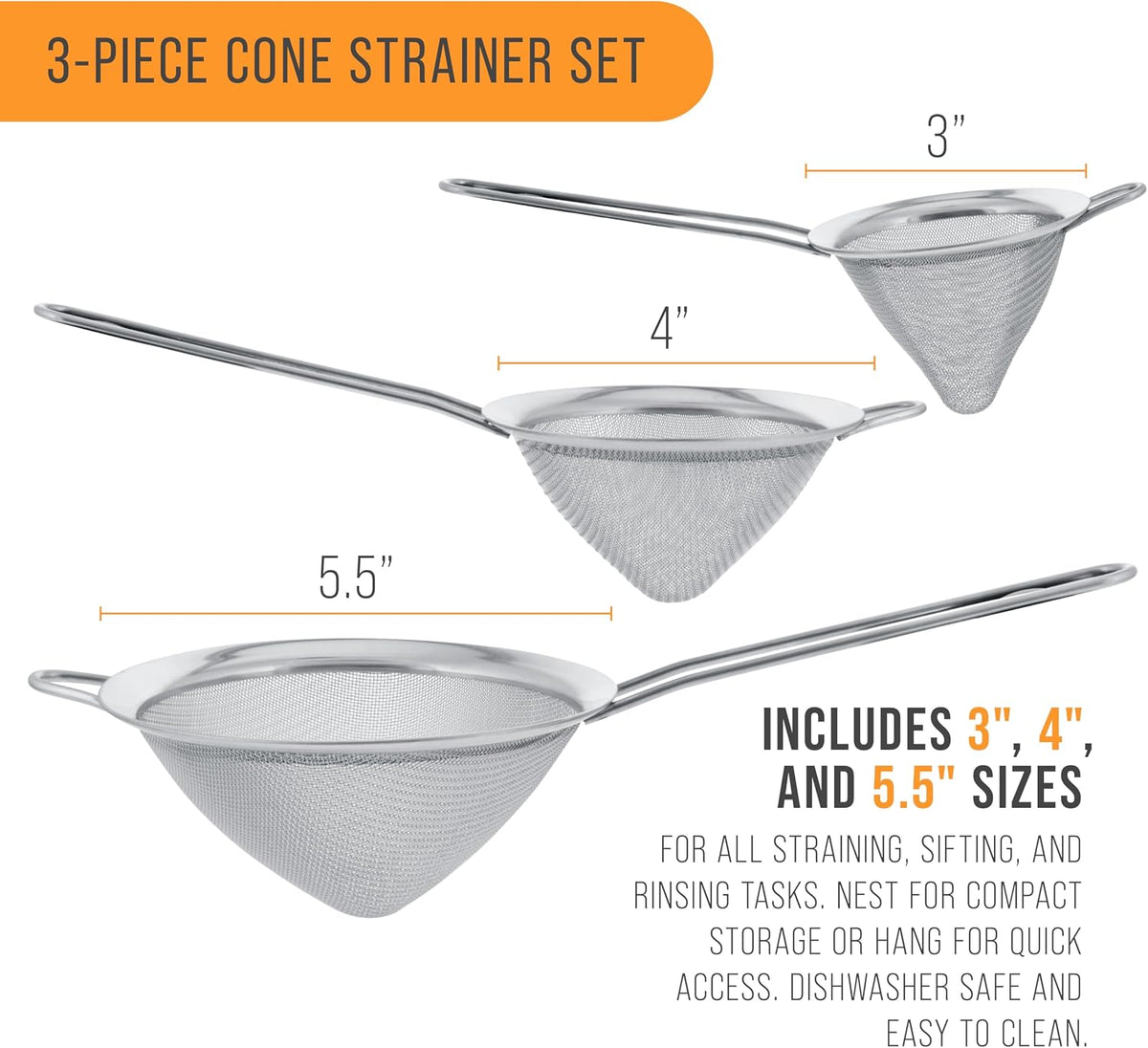 Set of 3 Stainless Steel Conical Strainers 3", 4", 5.5"