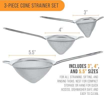 Set of 3 Stainless Steel Conical Strainers 3", 4", 5.5"