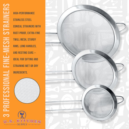 Set of 3 Stainless Steel Conical Strainers 3", 4", 5.5"