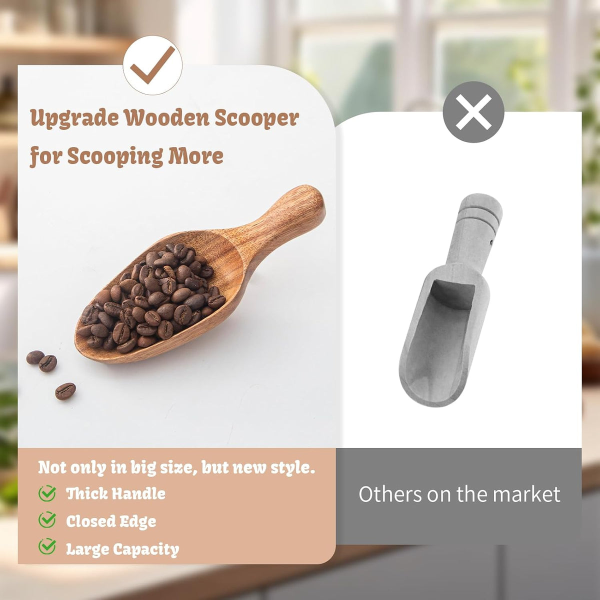 Big Coffee Scoop Shovel, Large Ground Coffee Scoop, Wooden Bean Salt Spoons, Wood Serving Spoons for Beans Powder Sugar from Big Jars Canisters, Multifunctional Kitchen Scoop