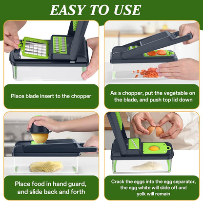 Veggie Chopper Vegetable Cutter, 12 in 1 Kitchen Gadget, Green