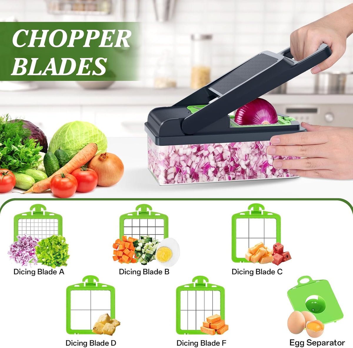 Veggie Chopper Vegetable Cutter, 12 in 1 Kitchen Gadget, Green