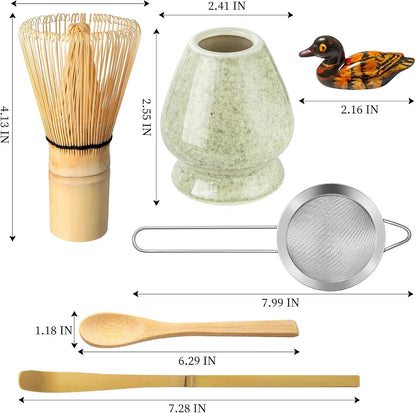 Matcha Whisk Set, Matcha Making Kit Whisk (Chasen Holder), Ceramic Whisk Holder (Mottled Green), Bamboo Scoop, Powder Starter Sifter, Spoon Japanese Tea Tools For Ceremony Gift