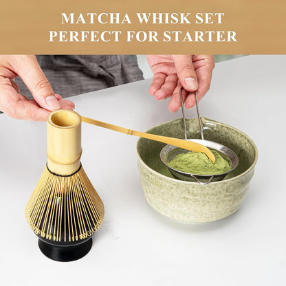 Matcha Whisk Set, Matcha Making Kit Whisk (Chasen Holder), Ceramic Whisk Holder (Mottled Green), Bamboo Scoop, Powder Starter Sifter, Spoon Japanese Tea Tools For Ceremony Gift