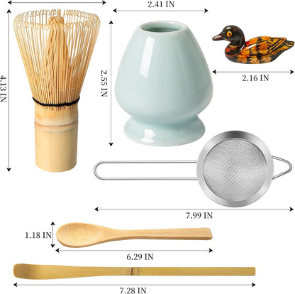 Matcha Whisk Set, Matcha Making Kit Whisk (Chasen Holder), Ceramic Whisk Holder (Mottled Green), Bamboo Scoop, Powder Starter Sifter, Spoon Japanese Tea Tools For Ceremony Gift