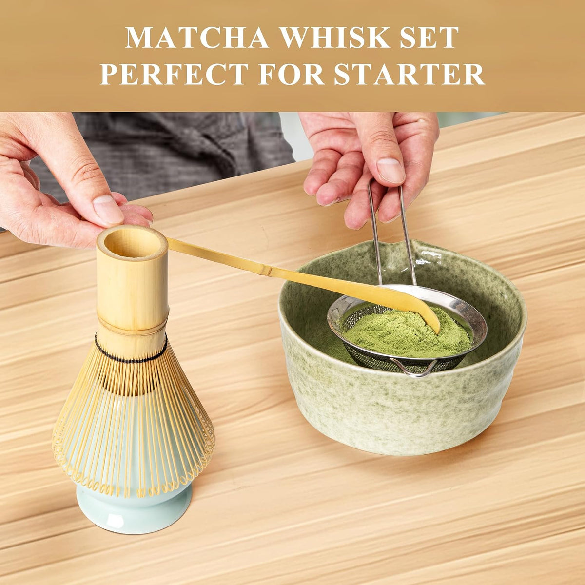 Matcha Whisk Set, Matcha Making Kit Whisk (Chasen Holder), Ceramic Whisk Holder (Mottled Green), Bamboo Scoop, Powder Starter Sifter, Spoon Japanese Tea Tools For Ceremony Gift