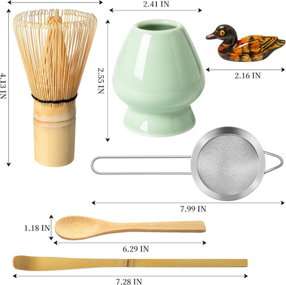 Matcha Whisk Set, Matcha Making Kit Whisk (Chasen Holder), Ceramic Whisk Holder (Mottled Green), Bamboo Scoop, Powder Starter Sifter, Spoon Japanese Tea Tools For Ceremony Gift