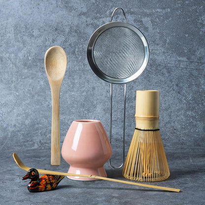 Matcha Whisk Set, Matcha Making Kit Whisk (Chasen Holder), Ceramic Whisk Holder (Mottled Green), Bamboo Scoop, Powder Starter Sifter, Spoon Japanese Tea Tools For Ceremony Gift
