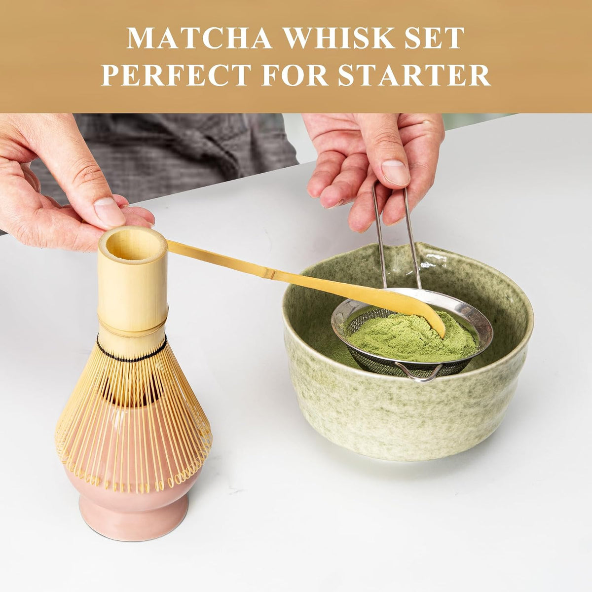Matcha Whisk Set, Matcha Making Kit Whisk (Chasen Holder), Ceramic Whisk Holder (Mottled Green), Bamboo Scoop, Powder Starter Sifter, Spoon Japanese Tea Tools For Ceremony Gift