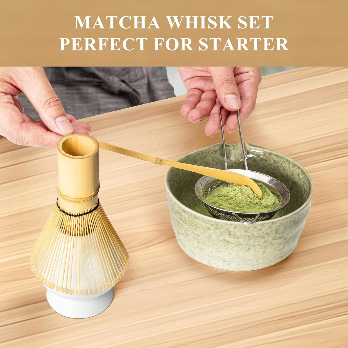 Matcha Whisk Set, Matcha Making Kit Whisk (Chasen Holder), Ceramic Whisk Holder (Mottled Green), Bamboo Scoop, Powder Starter Sifter, Spoon Japanese Tea Tools For Ceremony Gift