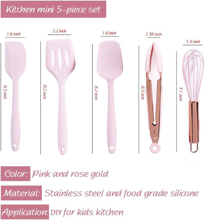 Rose Gold And Pink Kitchen Utensil Small Five-Piece Set Mini Silicone Kids Kitchen Tools Whisk Spatula Tongs Spoon And Slotted Spatula(Kids Baking Supplies)