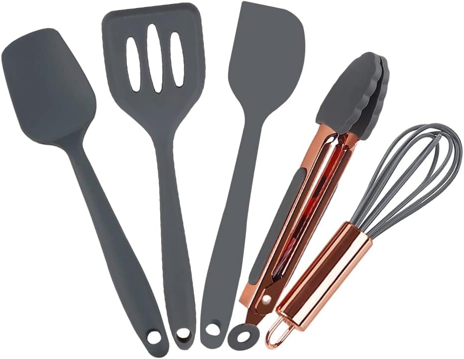 Rose Gold And Pink Kitchen Utensil Small Five-Piece Set Mini Silicone Kids Kitchen Tools Whisk Spatula Tongs Spoon And Slotted Spatula(Kids Baking Supplies)