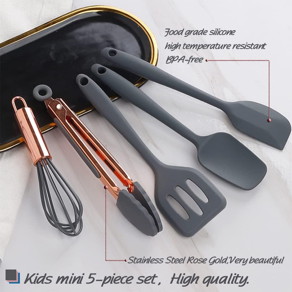 Rose Gold And Pink Kitchen Utensil Small Five-Piece Set Mini Silicone Kids Kitchen Tools Whisk Spatula Tongs Spoon And Slotted Spatula(Kids Baking Supplies)