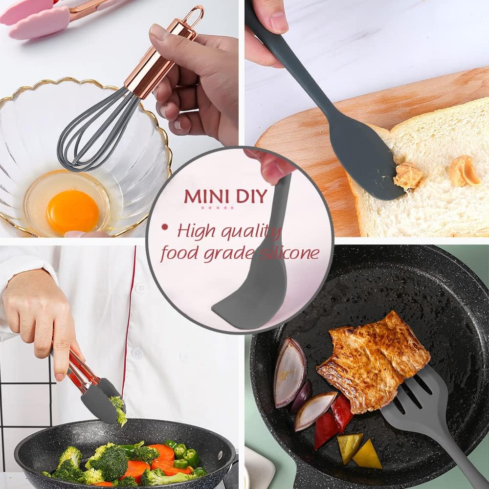 Rose Gold And Pink Kitchen Utensil Small Five-Piece Set Mini Silicone Kids Kitchen Tools Whisk Spatula Tongs Spoon And Slotted Spatula(Kids Baking Supplies)