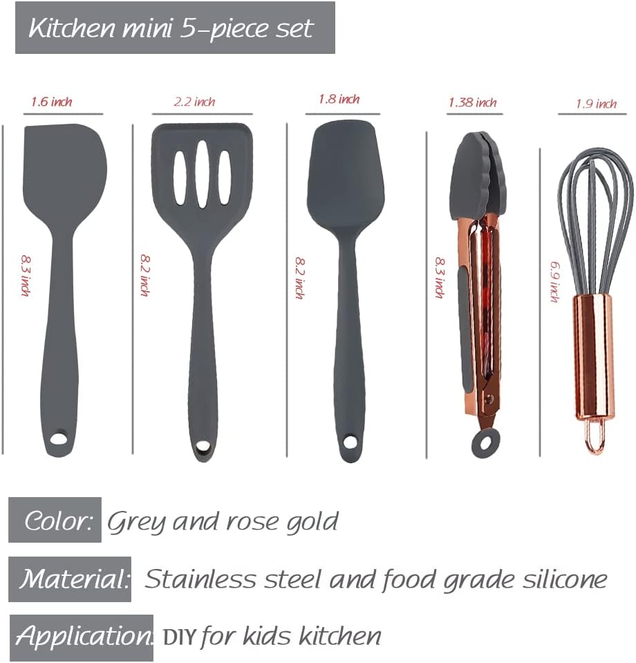 Rose Gold And Pink Kitchen Utensil Small Five-Piece Set Mini Silicone Kids Kitchen Tools Whisk Spatula Tongs Spoon And Slotted Spatula(Kids Baking Supplies)