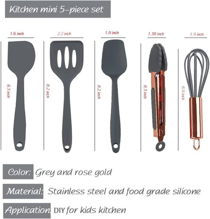Rose Gold And Pink Kitchen Utensil Small Five-Piece Set Mini Silicone Kids Kitchen Tools Whisk Spatula Tongs Spoon And Slotted Spatula(Kids Baking Supplies)
