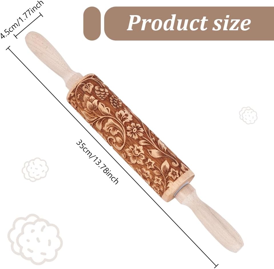 Embossed Wooden Rolling Pin Darker 3D Flower Rattan 35cm Rolling Pin for Thanksgiving Baking Biscuits DIY Kitchen Tool Baking Accessories Homemade Bakery Pastry Cookie Fondant Dough Pizza