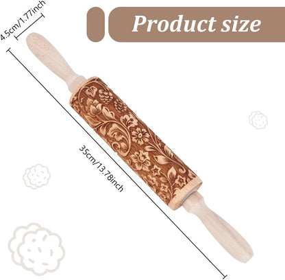 Embossed Wooden Rolling Pin Darker 3D Flower Rattan 35cm Rolling Pin for Thanksgiving Baking Biscuits DIY Kitchen Tool Baking Accessories Homemade Bakery Pastry Cookie Fondant Dough Pizza