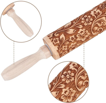 Embossed Wooden Rolling Pin Darker 3D Flower Rattan 35cm Rolling Pin for Thanksgiving Baking Biscuits DIY Kitchen Tool Baking Accessories Homemade Bakery Pastry Cookie Fondant Dough Pizza