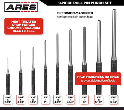ARES 10021 – 9-Piece Roll Pin Punch Set – Durable Heat Treated and Drop Forged Steel Pin Punches with Pouch -Ideal for Automotive Repair, Gunsmithing, Craft Work, and Jewelry Repair